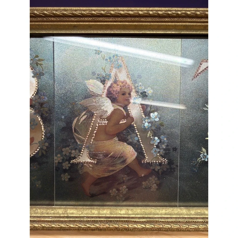 Vintage Framed‎ BATH Cherub Angel Bathroom Wall Art Gold Frame 17.5x7